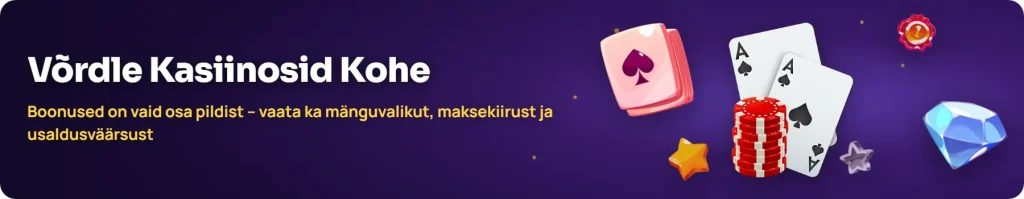 Võrdle uusi kasiinosid Eestis. Vaata boonuseid, mänguvalikut, maksekiirust ja usaldusväärsust.